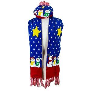 Matching Snowman Knit Scarf & Pom Ribbed Hem Beanie Set With Stars & Fringe OS